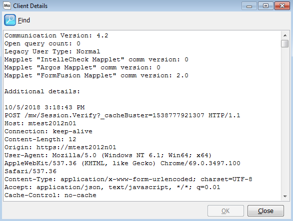 Client Details dialog showing technical information relating to the client's connection.